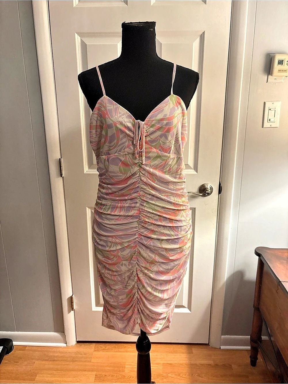 BP. Nordstrom Ruched Tie-Front Slip Dress Ivory Multi Roxie Abstract Large